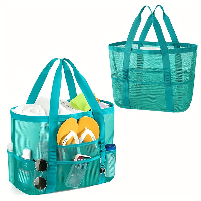 Summer Essentials Large Sandproof Mesh Beach Tote Bag with 9 Pockets, Foldable Portable Shoulder Bag, Large Capacity Multi-Pocket Storage for Beach, Swimming, Gym, Travel, Vacation, School, Bathroom & Grocery Shopping, Ideal Family Beach Bag