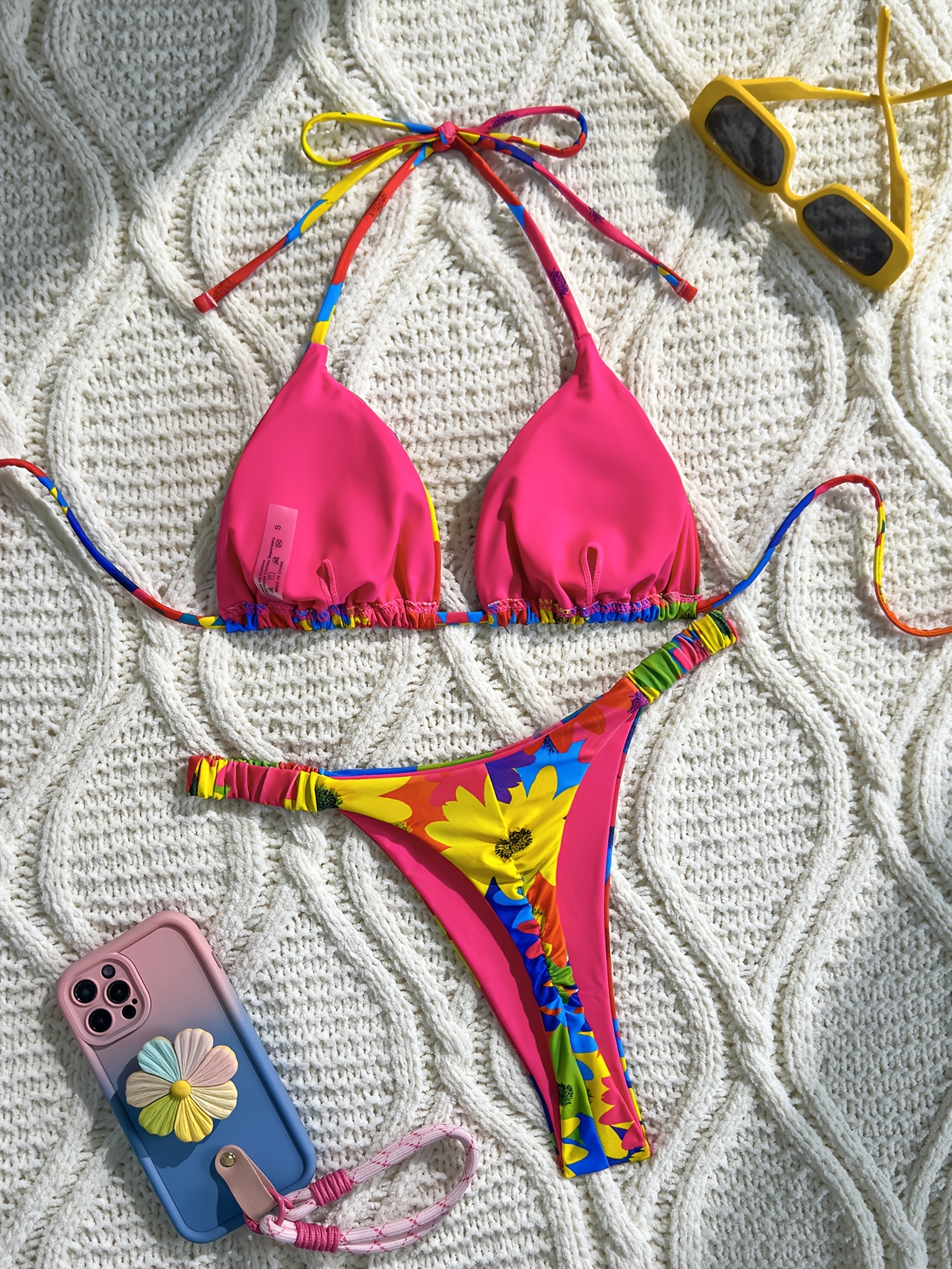 Large Flower European and American Fashion Foreign Trade Split Swimwear for Women Cartoon Printed Hanging Neck Fashion and Sexy Beach Swimsuit