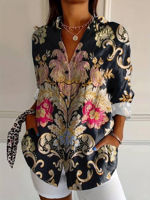 damesblouse met kraag - geometrisch overhemd voor het hele lichaam, wasmachinebestendig met lange mouwen, geschikt voor kantoor, formele gelegenheden & het hele jaar door