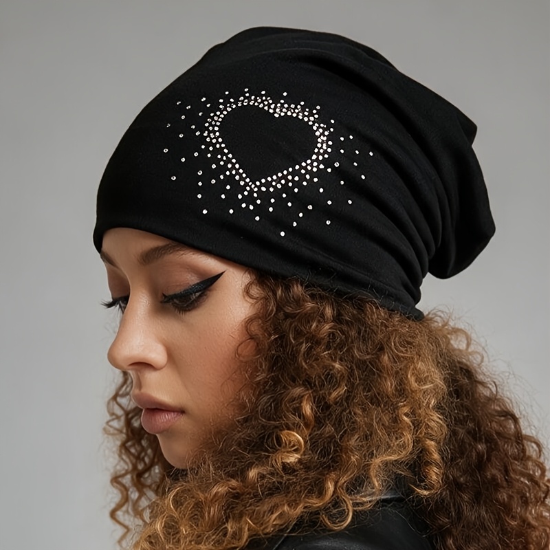 TEMU 1pc Women's Oversized Rhinestone Heart Beanie - Double-layer Warm Brimless Pullover Hat, Lightweight Suitable For Daily Use, Machine Washable,