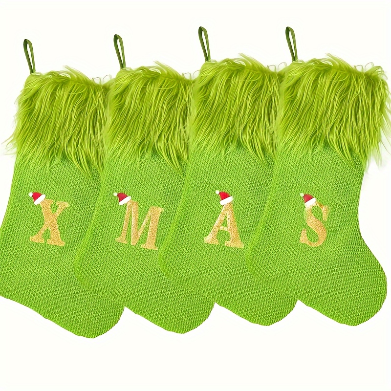 

Green Faux Fur Christmas Stockings With Embroidered Letters, 18-inch Holiday Decor, For Home & Party, Polyester, Christmas Decor