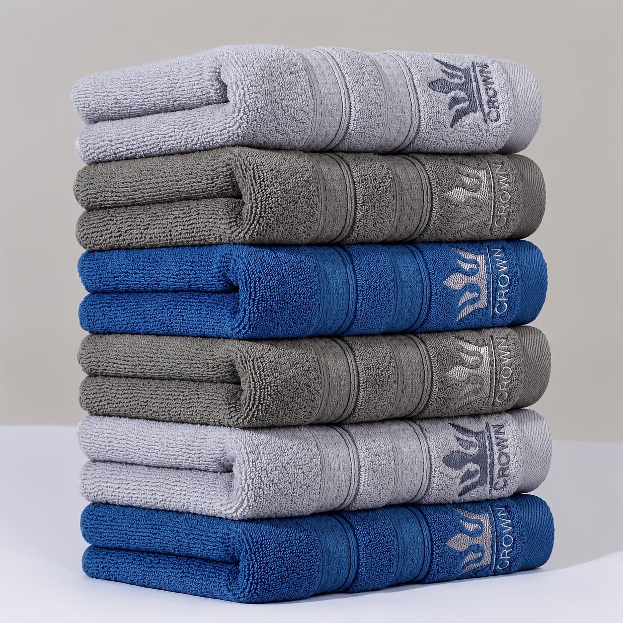 Image of 6pcs 100% Cotton Thickened Hand Towel Set With Crown Embroidery, Soft Towels, Essential For Home Use In Bathrooms And Powder Rooms