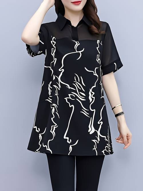item picture short sleeve mesh printed top casual collar style