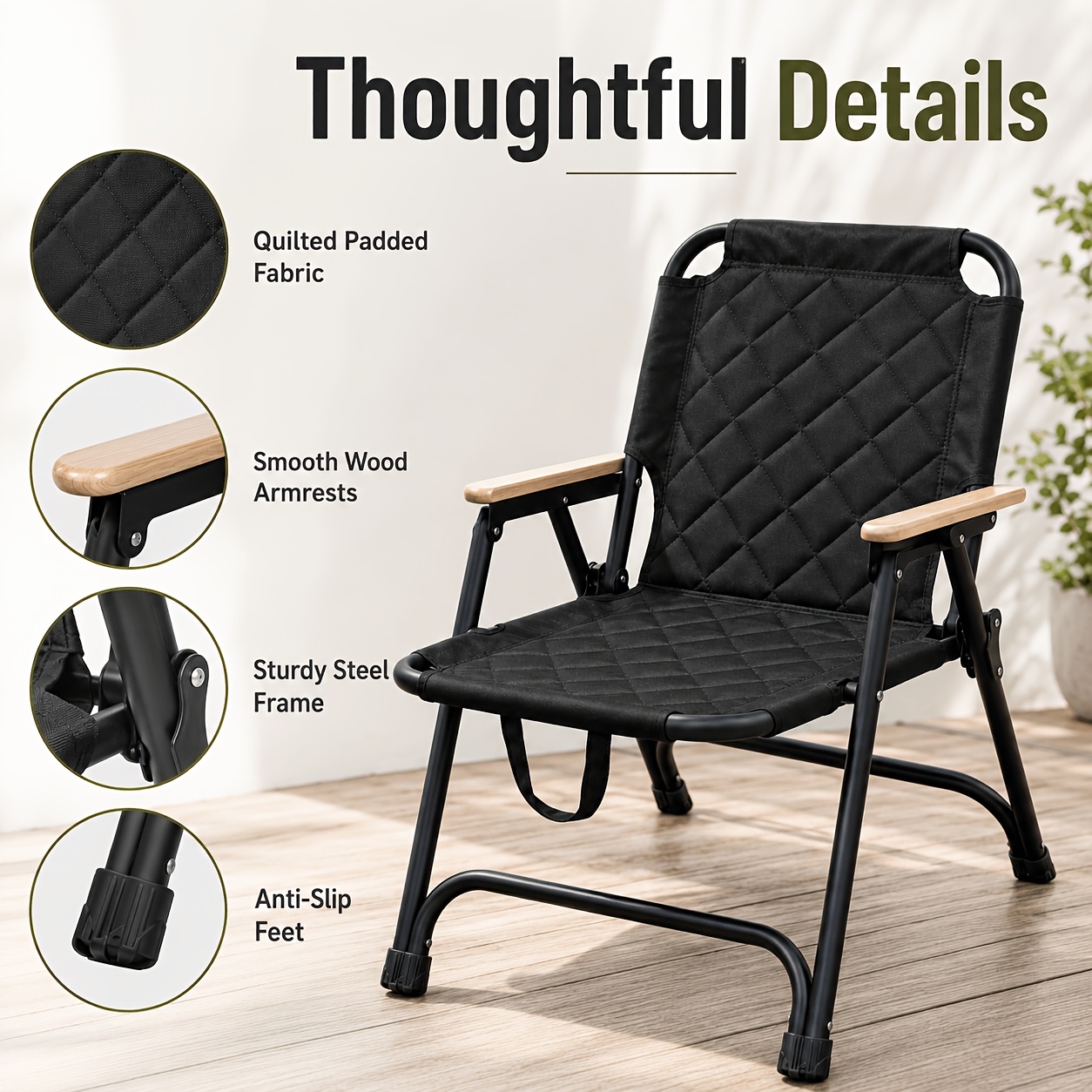 Heavy-duty Folding Camping Chair With Wooden Armrests, Load Capacity 150kg, High Back 600d Oxford Cloth Outdoor Chair, Suitable For Camping, Fishing, Garden, Picnic And Outdoor Festival Activities