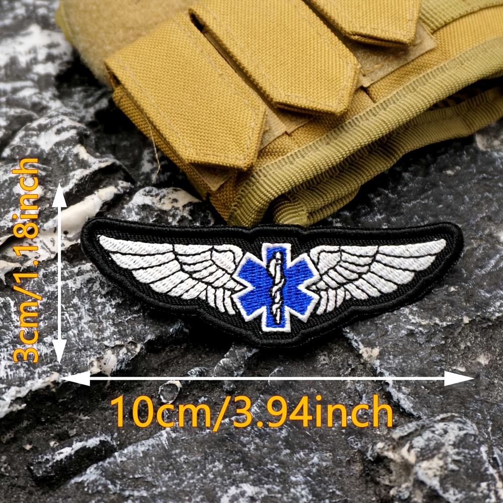 TEMU A Vintage Wings Embroidered Patch Emergency Medical Badge, Featuring A Black, Gray, White, And Blue Color Scheme, Equipped With Fasteners,