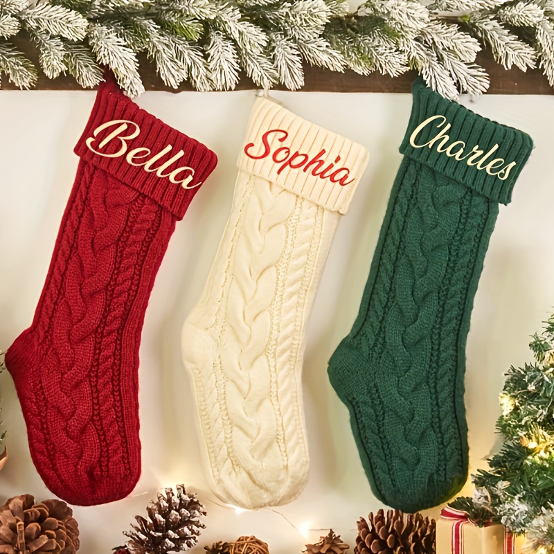 

Set Of 4 Personalized Family Christmas Socks - Embroidered Name Knit Holiday Decor In Red, White, & Green With Colors - Ideal Gift For , Christmas Decorations For Home Indoor