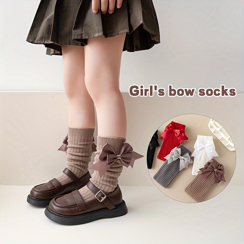 

2 Pairs Of Girl's Solid Bowknot Knitted Socks, Mesh Cotton Blend Breathable Comfy Socks For All Seasons Wearing