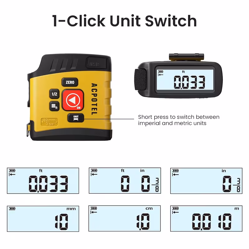16 ft digital tape measure 6 metric and imperial units retractable with fractions 1 16 rechargeable display yellow brand for distance area volume Product details 2