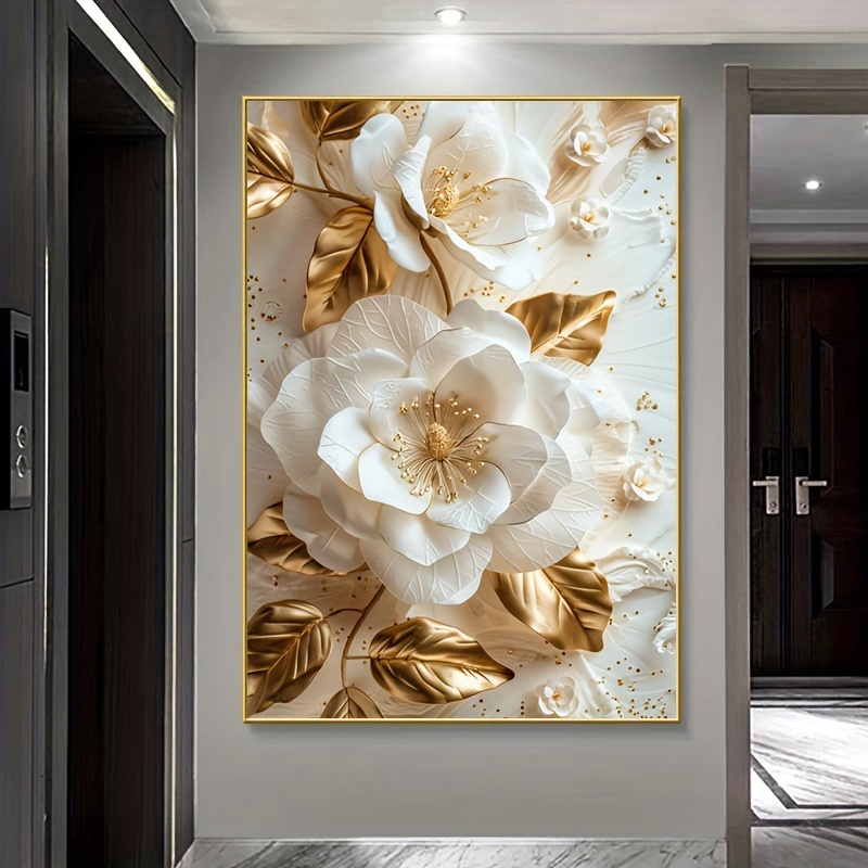 

1pc Frameless Abstract Floral Canvas Art Print, White Modern Wall Decor Painting, Golden Accent Decoration For Bedroom & Living Room – 31.49x47.24 Inches