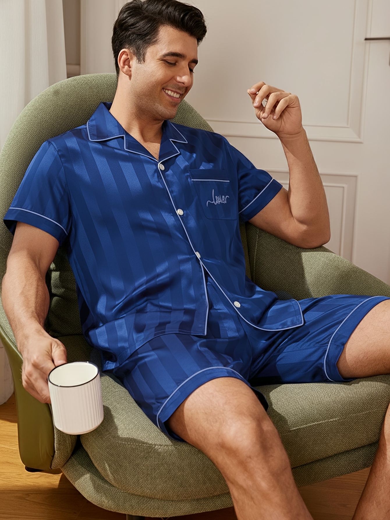 [MEN/WOMEN] Couple Style Valentine's Day Men's or Women's Short Sleeve Top + Shorts Striped Embroidered Love Pattern Pajama  Set, Button Y Cardigan Single Set