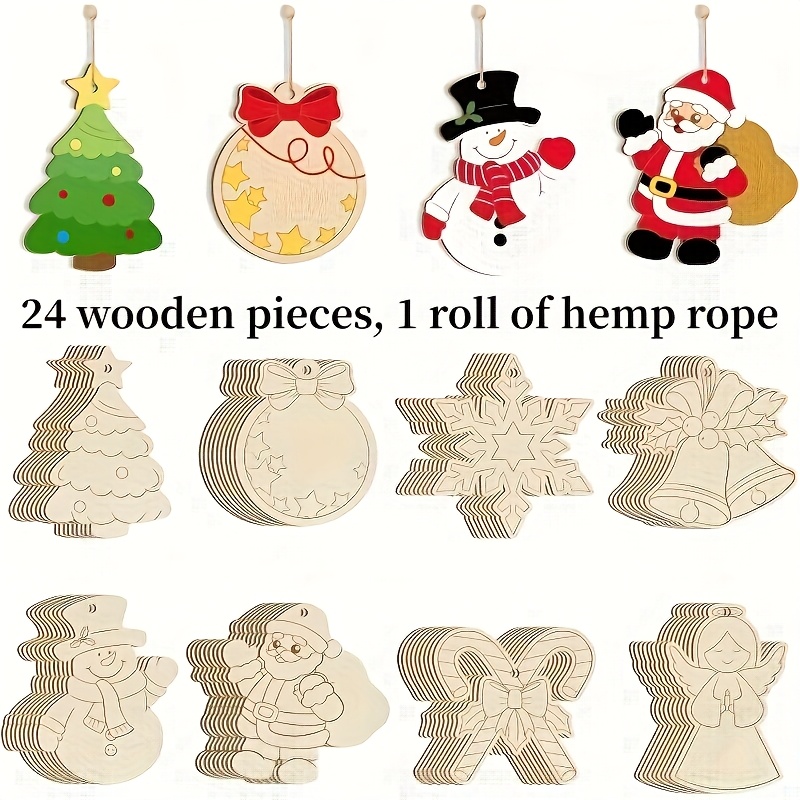 Image of 24/48pcs Wooden Christmas Ornaments To Paint, 8 Styles Diy Blank Unfinished Wood Reindeer Santa Claus Christmas Tree Ball Snowman Snowflake Cutouts Ornament For Crafts Winter Hanging Decorations