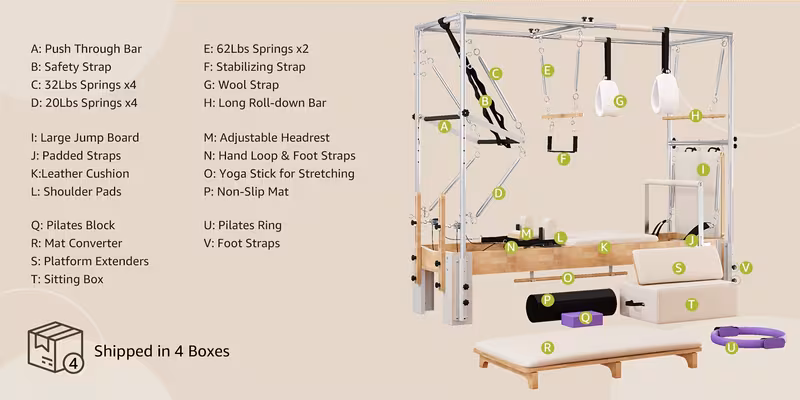 premium 3 in 1 wood pilates reformer with trapeze 800lb capacity home with jumpboard sitting box and complete set of additions Product details 3