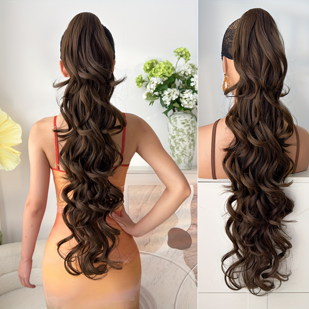 TEMU Extensions de queue de cheval griffue, cheveux , , ondulés , 28 pouces, fibre synthétique résistante à la chaleur, postiche pour femmes, fête