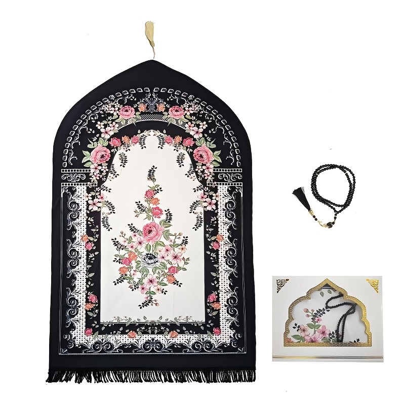 Pink Floral Tribal Style Muslim Prayer Mat with 99 Beads, Polyester, Portable & Durable, Ideal for Ramadan & Pilgrimage, All-Season Use, Gift Box Included