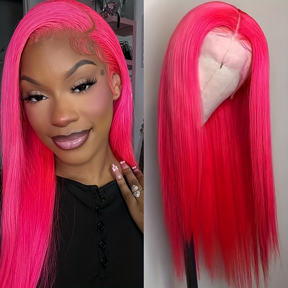 hot pink 24 long straight synthetic lace front wig - Temu display picture 3