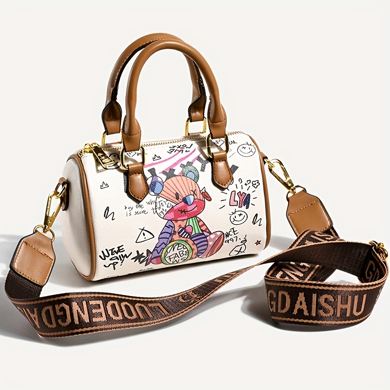 

1pc Mini Women’ Sweet Cartoon Print Shoulder Bag - Cute Crossbody With Adjustable Strap, Lightweight Synthetic Leather, Brown Handles & Golden-tone Hardware For Daily , Small Crossbody Bag