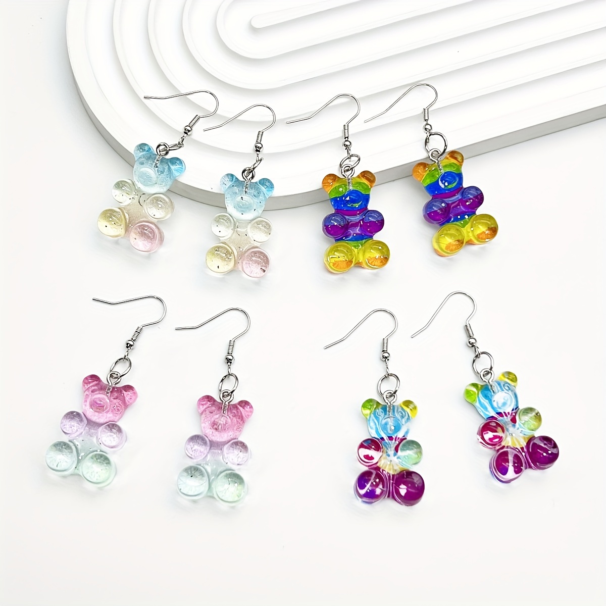 

Resin Gummy Bear Earrings: 4 Pairs Of Colorful, Cartoon-style Bear Charms For Everyday Wear Or As A Gift