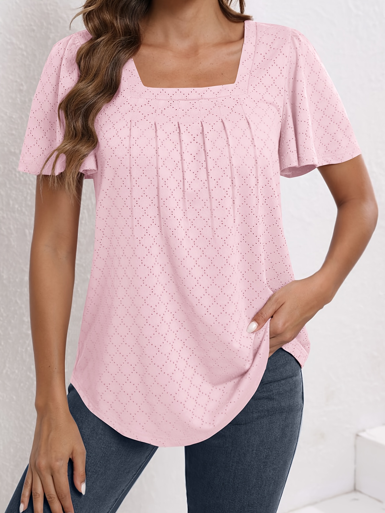 Plus Size Women'S Square Neck Ruffle Sleeve Top - Breathable Eyelet Cut-Out Fabric, Unique Chest Pleat Design, Elegant Fashion for Spring Summer Fall, Formal & Casual Wear, Casual Wear Top | Pleated Detail Top | Stretchy Fabric Top, Ladies T Shirts
