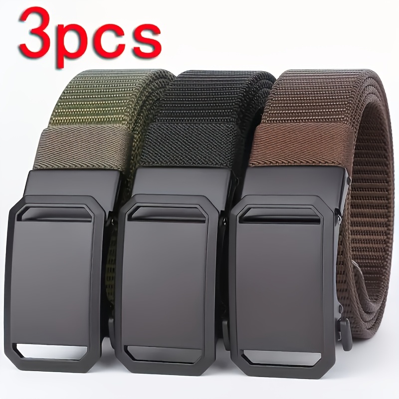 TEMU Set Of 3 Men's Nylon Belts With Automatic Closure - Sturdy Square Ferroalloy - Suitable For Sports, Casual Outdoor Activities, And Everyday Use, Featuring A