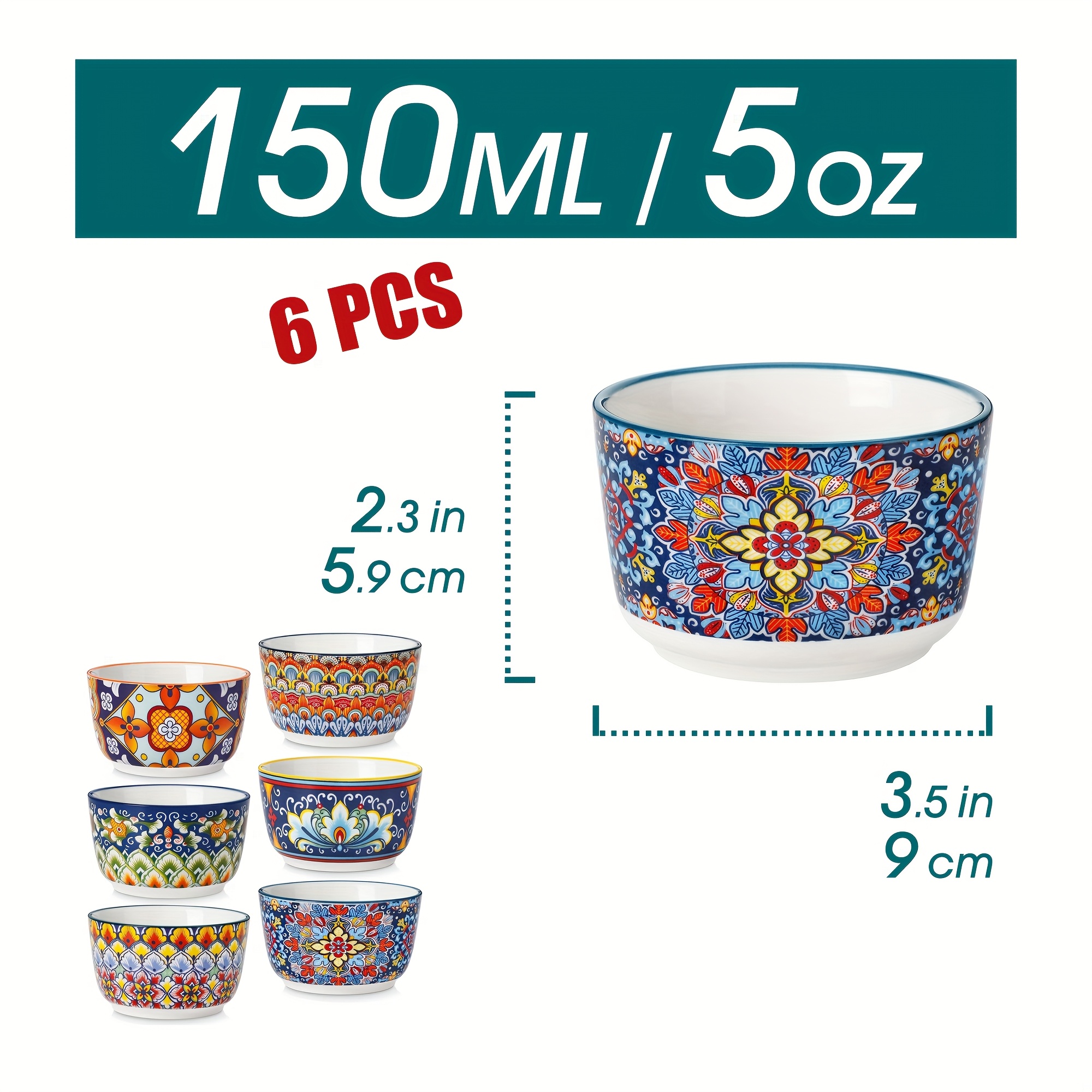 Ramekins Set, 6pcs 240 Ml/150ml/90ml Porcelain Ramekins And Molds, Creme Brulee Ramekin For Muffin And Cake, Oven Ramekin For Custard, Sauce, Fruit, Bohemian Style, Dishwasher And Microwave Safe