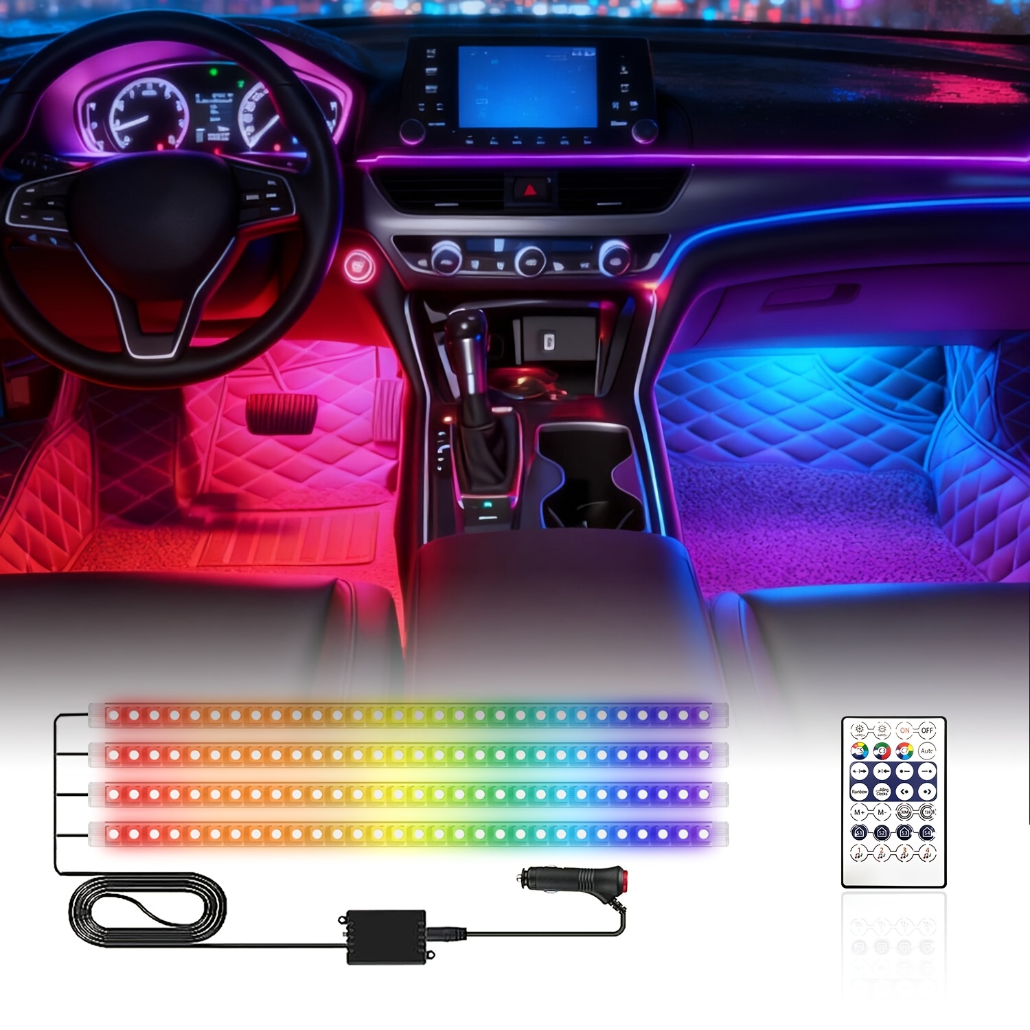 TEMU 4pcs Rgb Led Car Lights, 48 Leds Interior Car Lights With App Control, Multicolor Music Car Strip Light, Under Dash Lighting Kit For Car Truck Suv, Without Battery