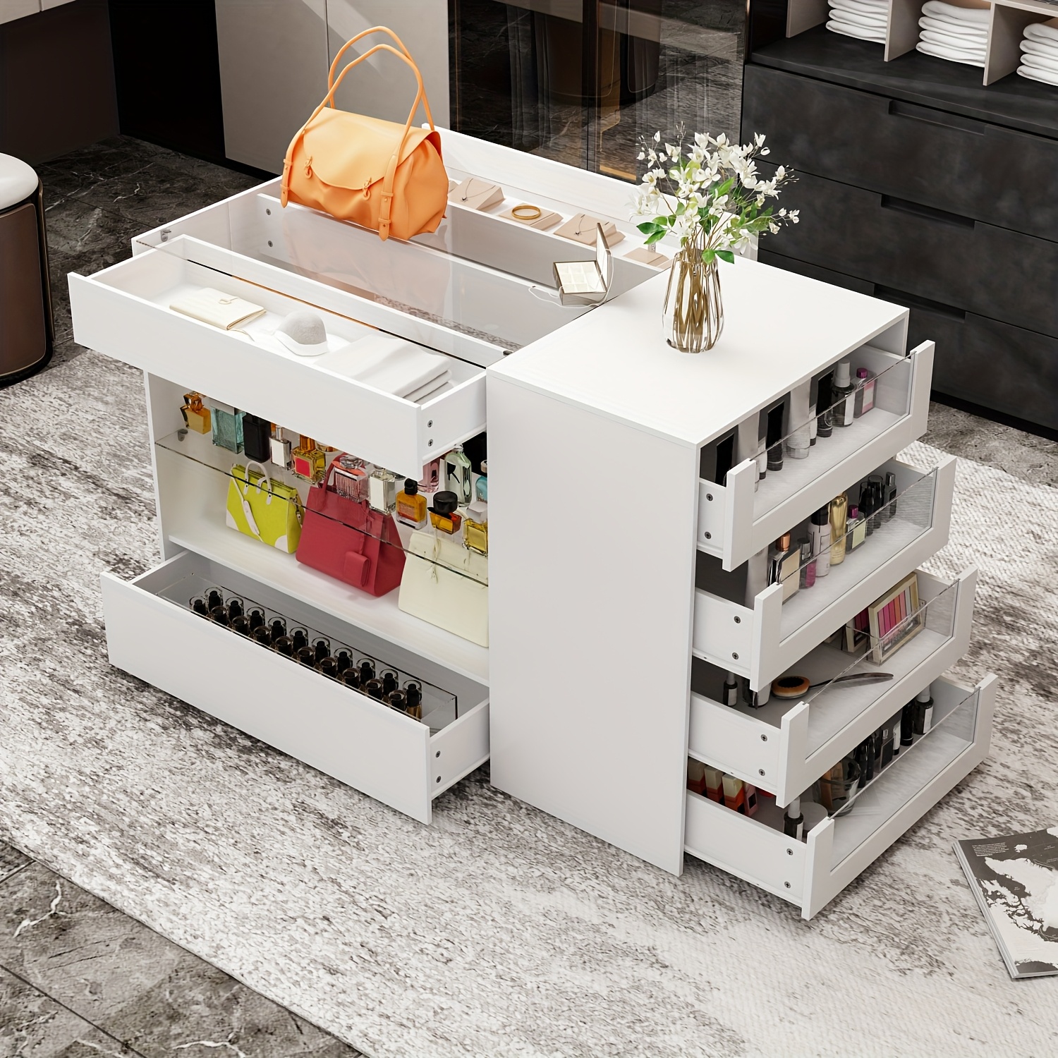 Modern Makeup Vanity Storage Closet Island With 8 Drawers And Open Shelves, Dresser Cabinet With Glass Tabletop, For Bedroom And , Bedroom Furniture, White