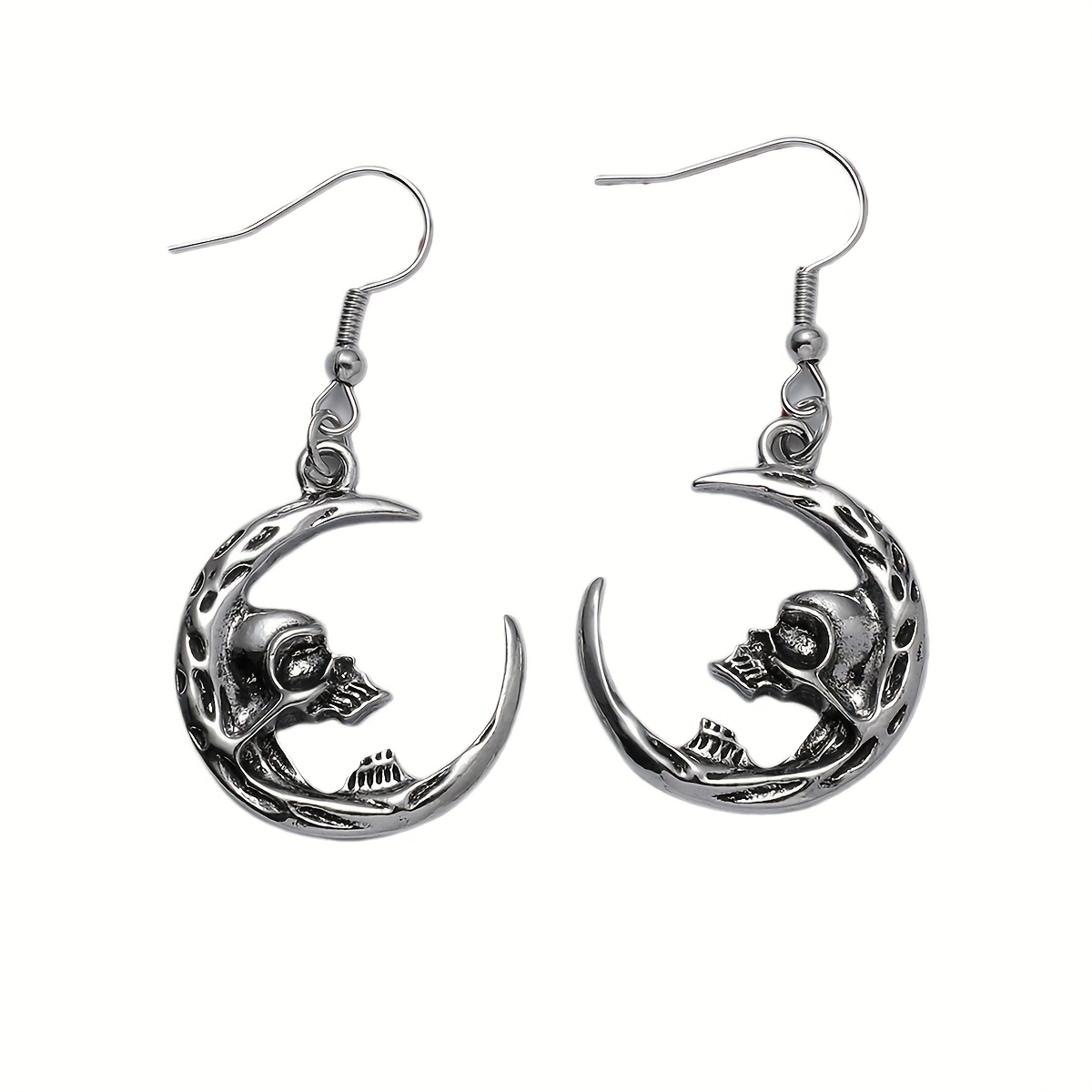 TEMU 1 Pair Of Fashionable Gothic Dark Style Half Skull Face Crescent Earrings Pendant Gift