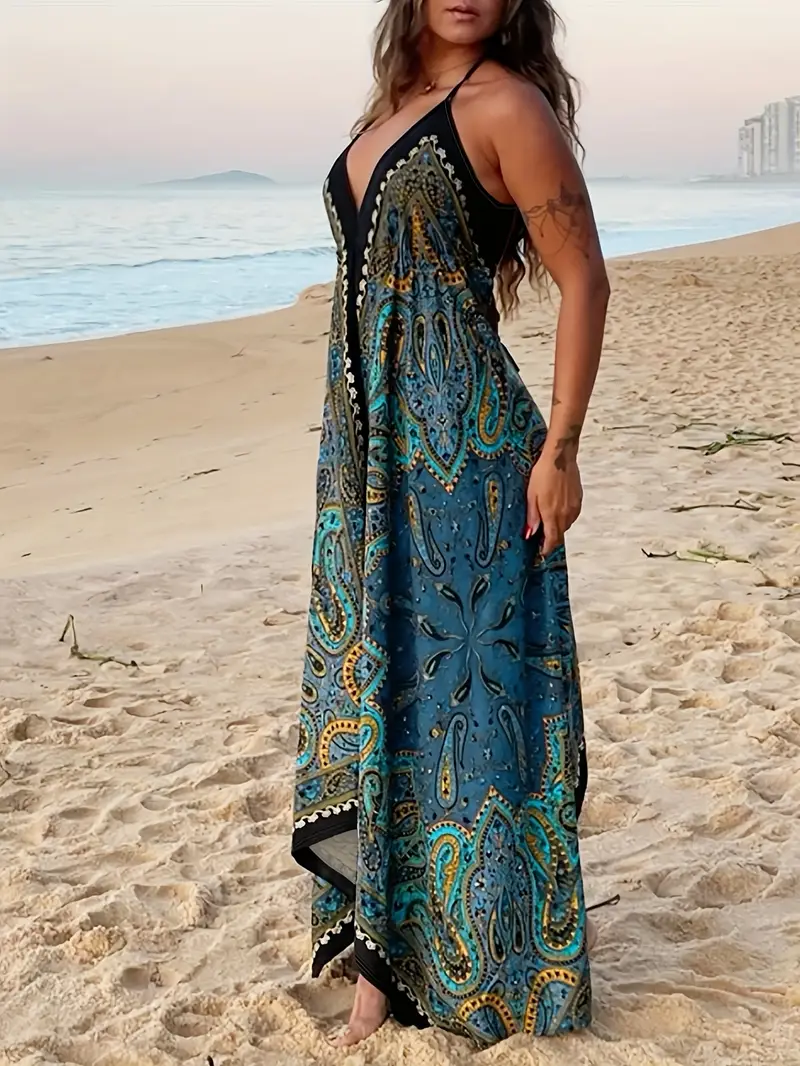 women's beach vacation maxi dress v neck sleeveless flowy Temu