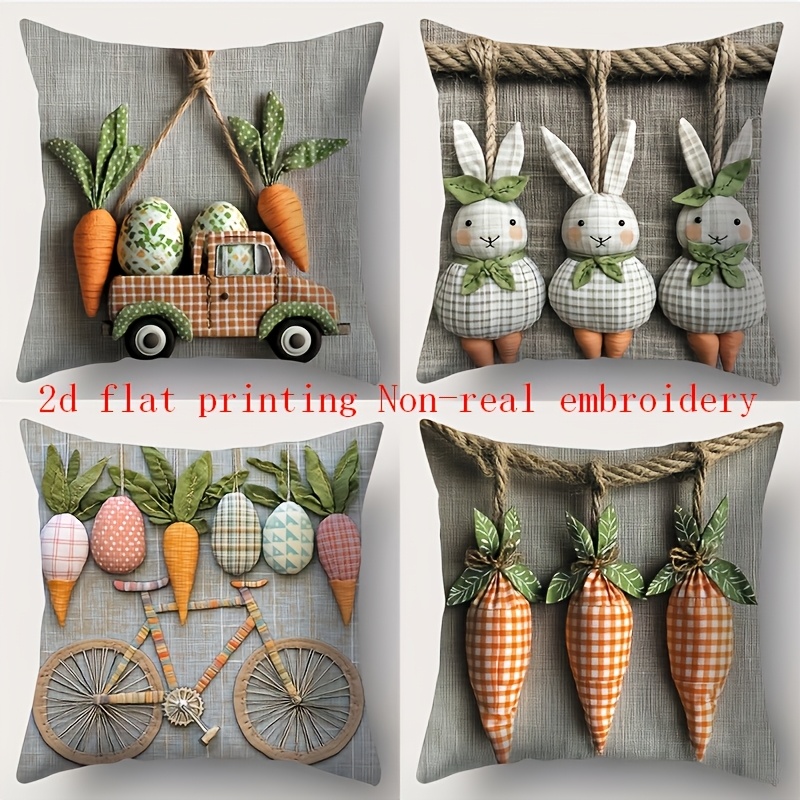 E-shop 4 Stück, Ostern, Neue Lustige Kunst, 2D Flachdruck Nicht-Echter Stickerei, Niedlicher Hase, LKW, , Fahrrad, Karotten-Muster Kissenbezug,