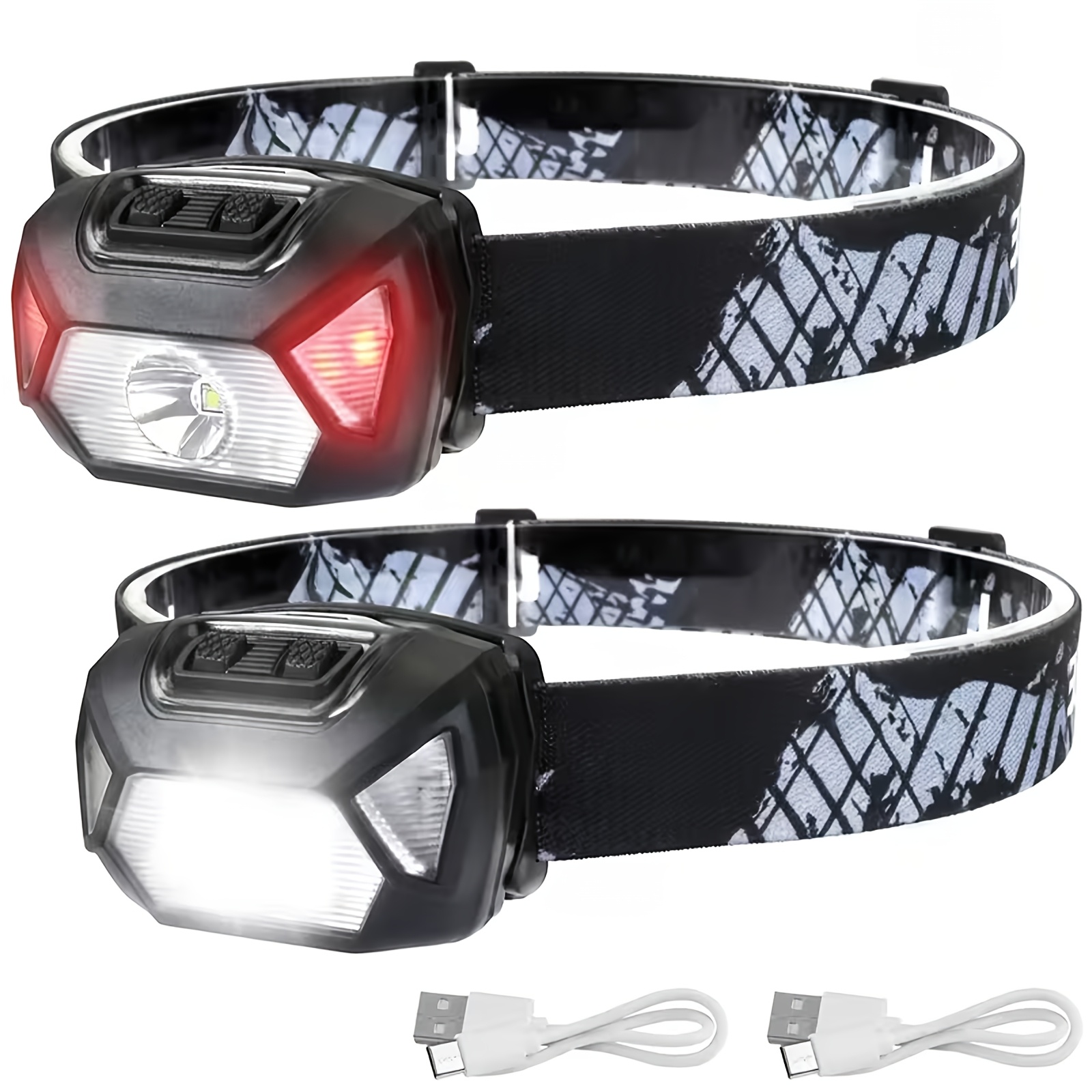 TEMU 2pcs Rechargeable Led Headlamps - 20000lux With 6 Modes & Ipx4 Waterproof - Adjustable Headband For Camping, Hiking & Winter Outdoor Use (usb