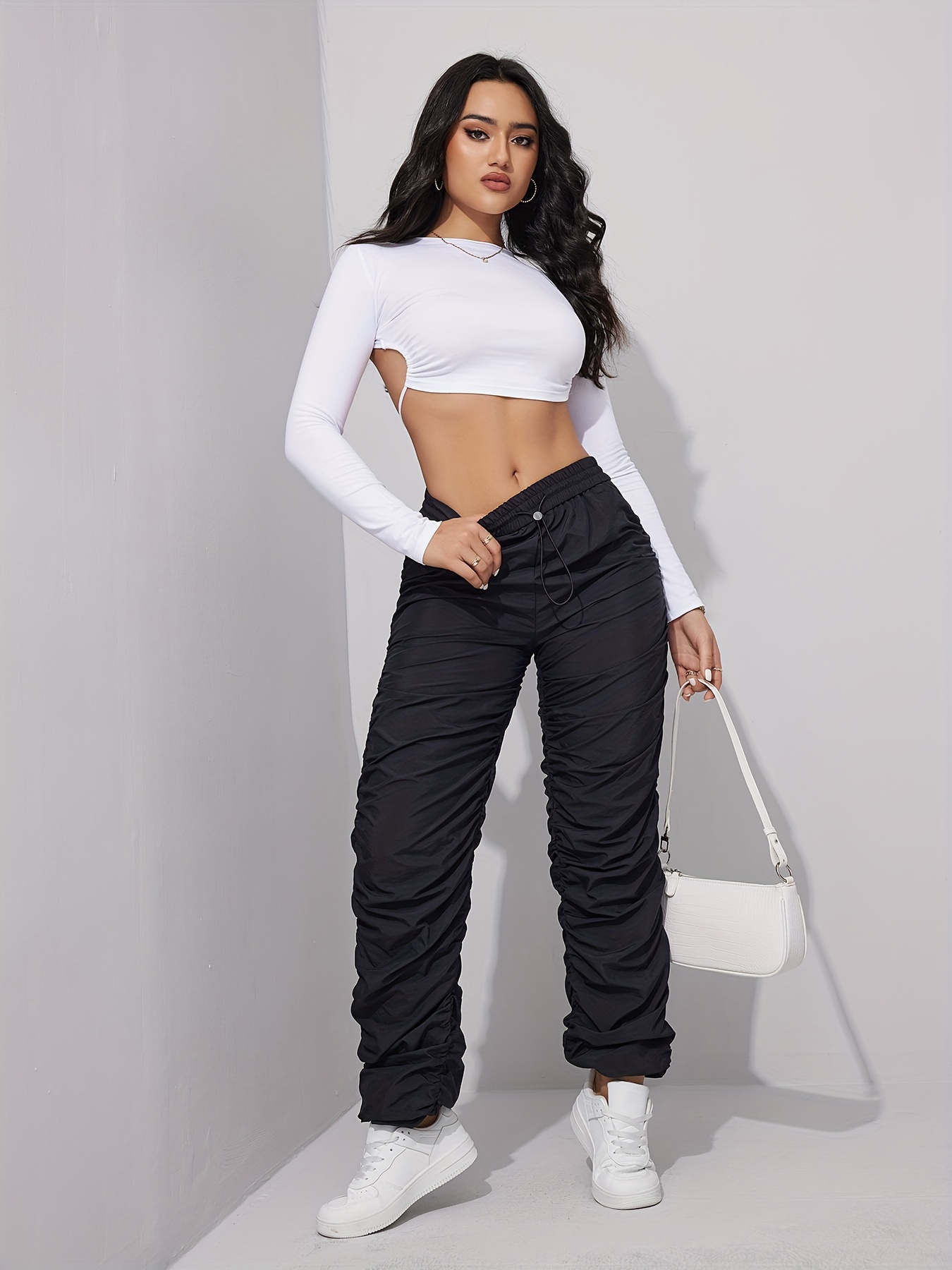 Women s Chic High Waist Ruched Joggers Solid Color Nylon Polyester Blend Machine Washable Elastic Waist Long Pants