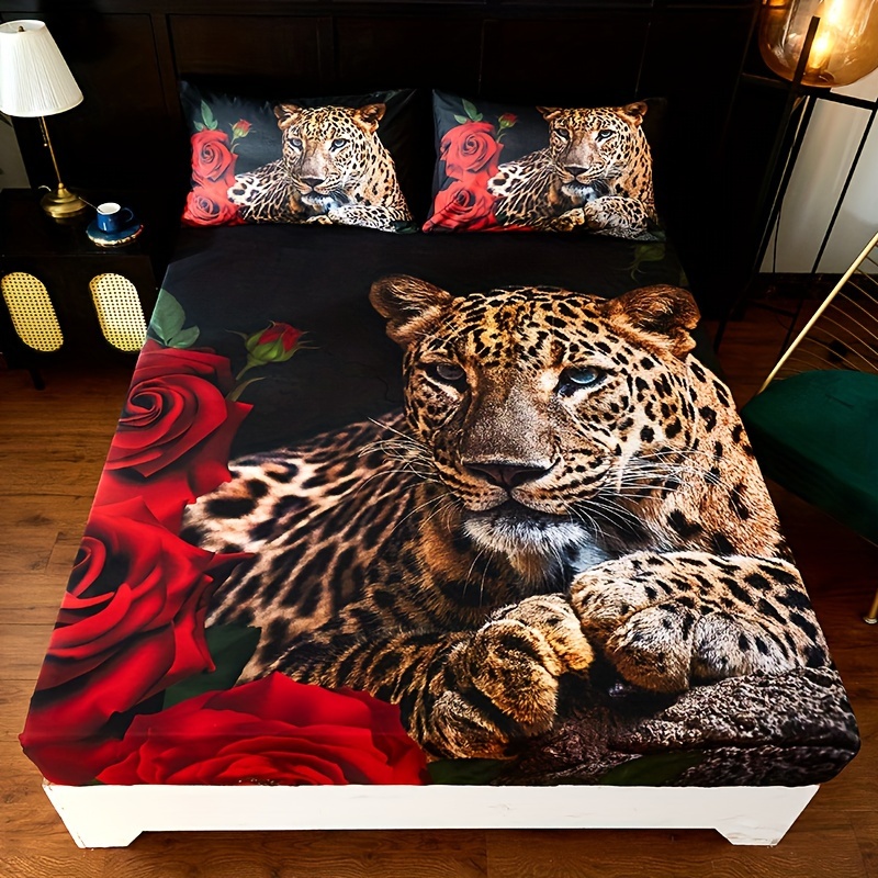

3pcs Leopard Rose Pattern Fitted Sheet Set, Soft And Comfortable Mattress Protector, Home Decor (1* Fitted Sheet + 2* Pillowcases, Without Core)
