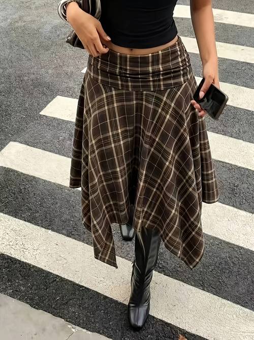 Women'S Autumn Winter New Low-Waist Asymmetrical Hem Plaid Skirt, Retro Y2K Street Style