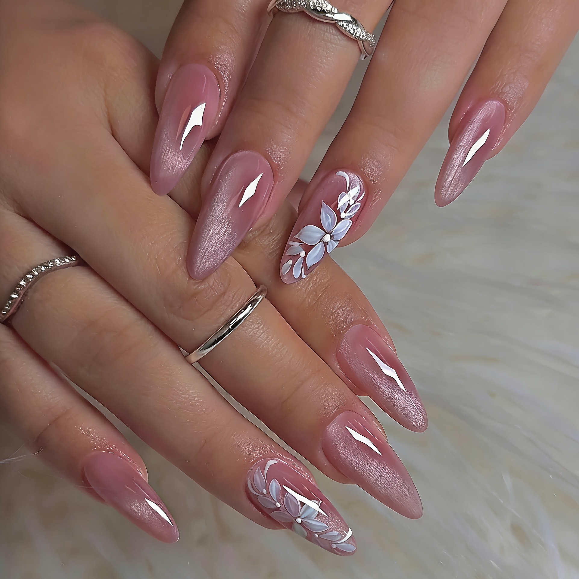 24pcs Medium-long Almond-shaped Cat Base & Summer Oil Painting Floral Wearable Nail Set. Includes Pads And A Nail File. Suitable For Parties, Daily Wear, And As A Mother's Day Gift.