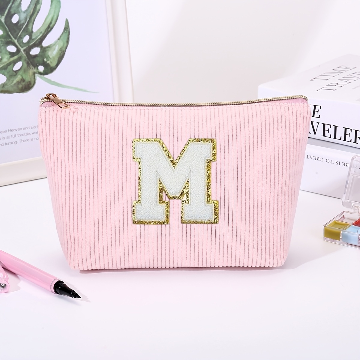 TEMU Trousse de maquillage grande capacité A-Z pour femme, trousse à cosmétiques brodée avec des lettres , fournitures de voyage et scolaires, cadeau
