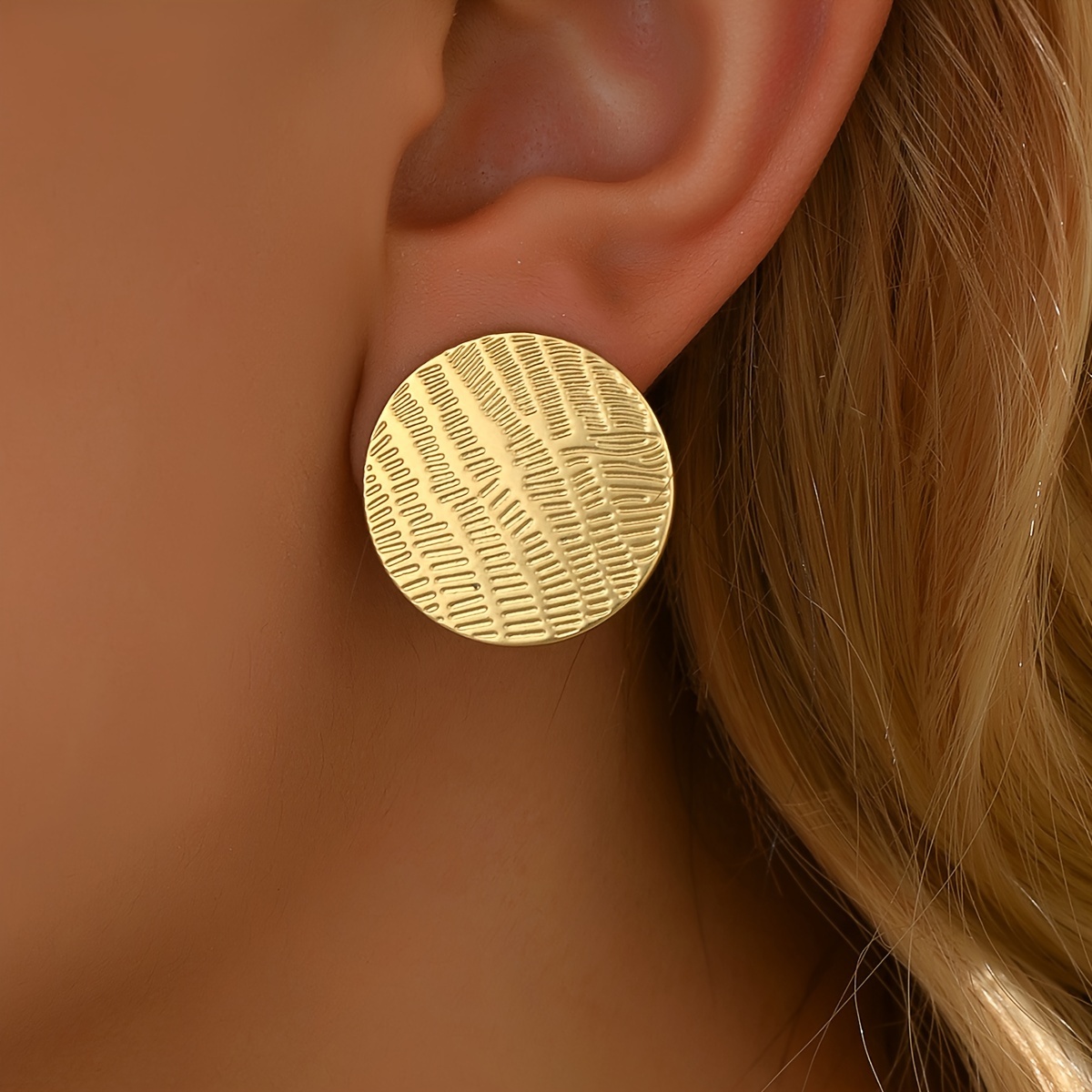 Warm Golden Ear Clips with Threaded Round Ear Studs for Women