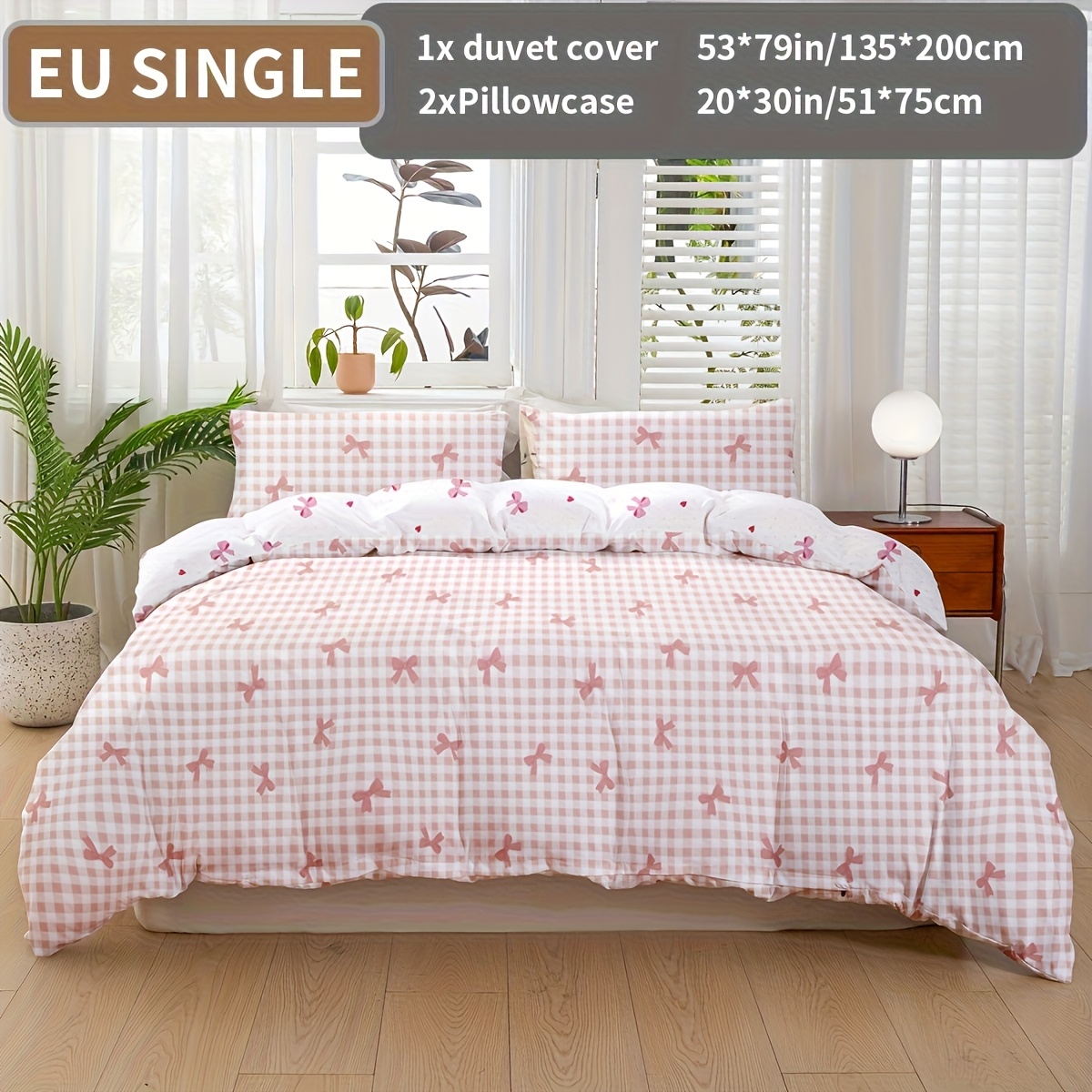 3pcs Grid Bow Printed Down Comforter Cover Set (comforter And Pillow Inserts Not Included)