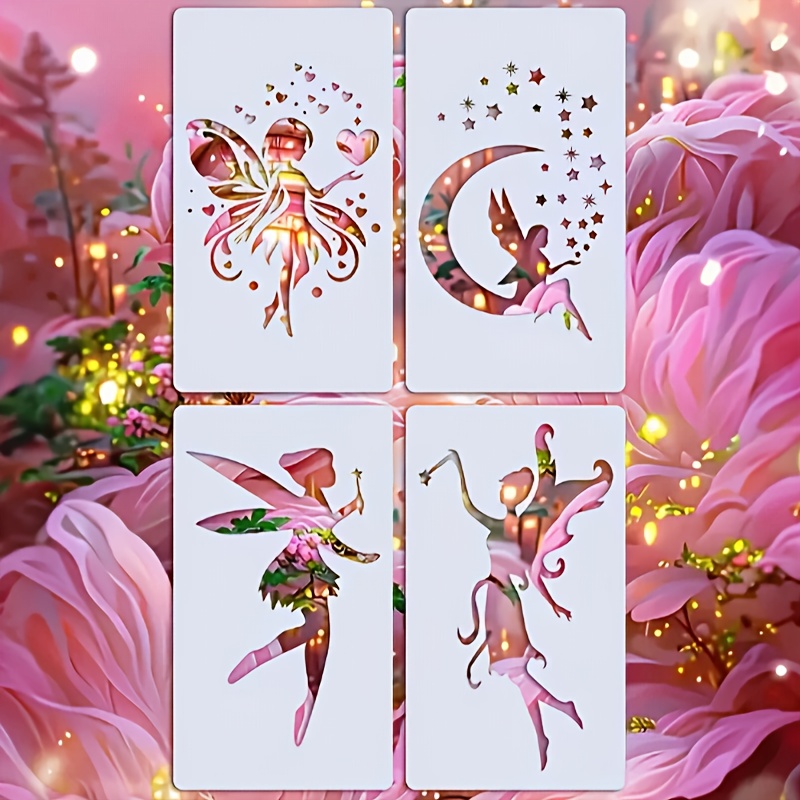 Image of 4pcs Fairy Template, 4x7 Inch Reusable Painting Template For Handmade, Home Decor, Wood, Canvas, Wall And Furniture Diy Projects - White Plastic Pvc Material