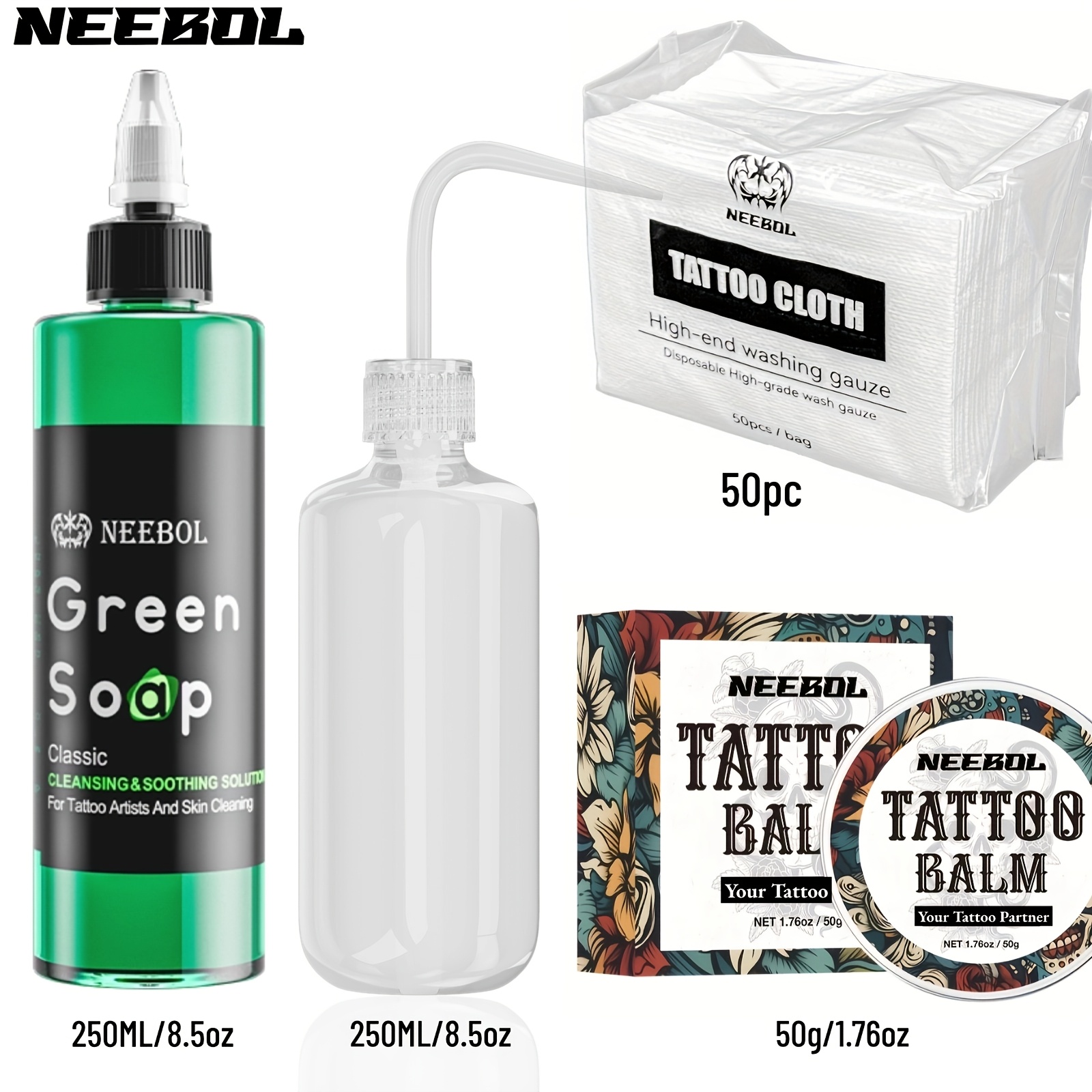 TEMU Neebol Tattoo Cleanser And Disinfectant Solution For Skin Prep Tattooing, Tattoo Supply, Tattoo Kit, 8.5oz With Squeeze Bottle, Cream For Vibrant Color, Tattoo Wipes Cleasing Cloth, Gift