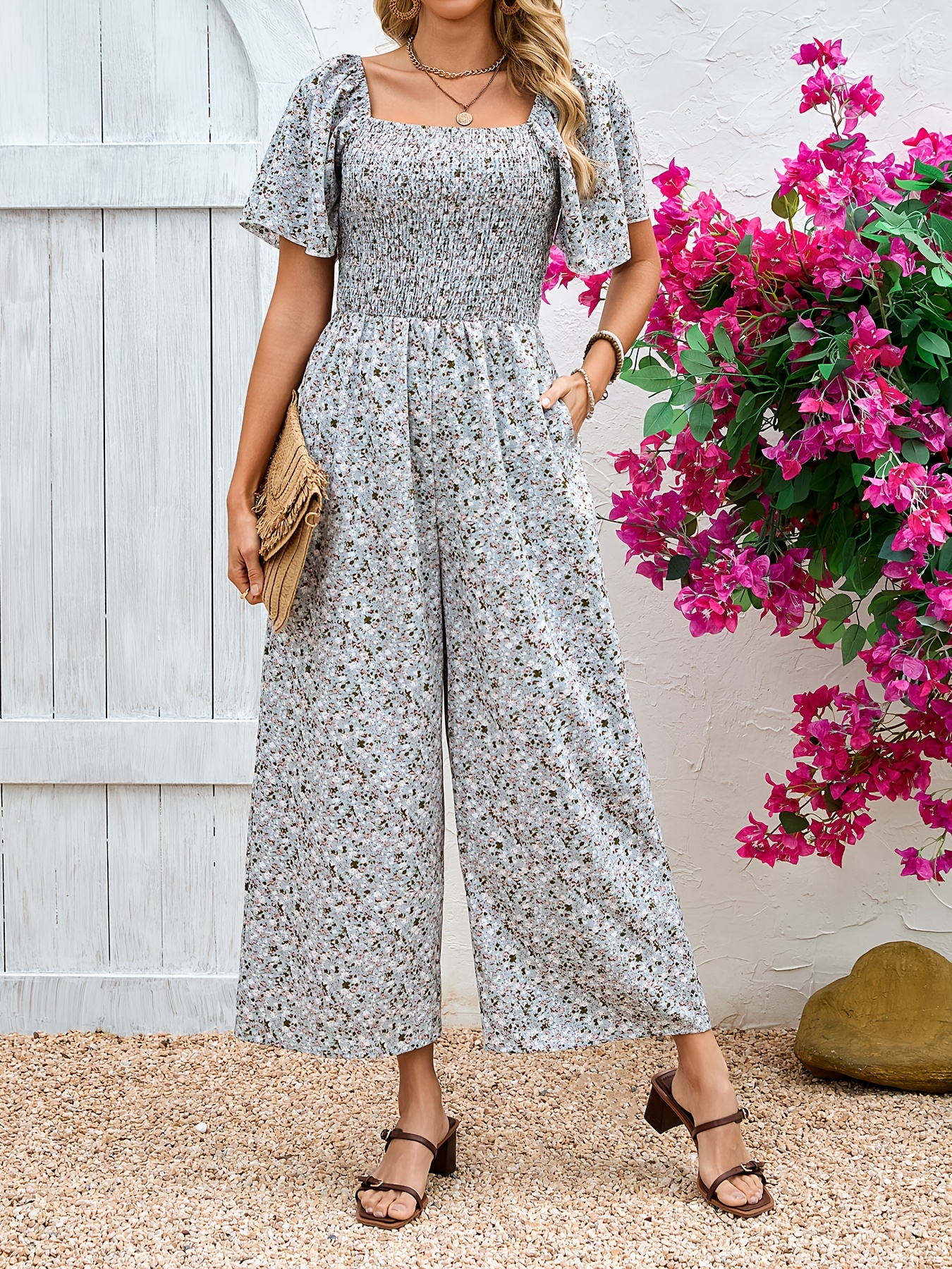 womens floral neck short sleeve jumpsuit summer Temu