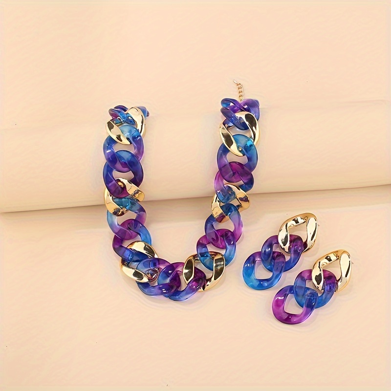 

Gradient Blue And Purple Resin Chain Link Necklace And Earrings Set - Vacation & Tribal Style Jewelry For Party And Holiday, Mardi Gras Day Accessory, No Plating - Versatile For All Seasons