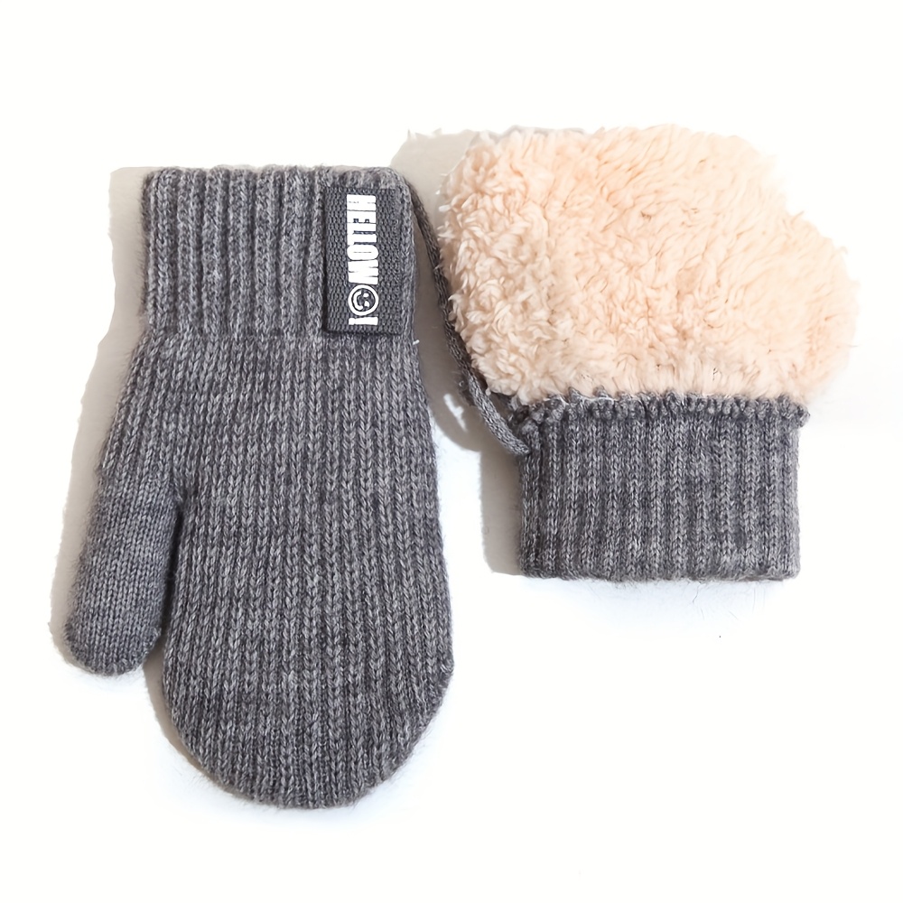 Image of 1 Pair Of Winter Double-layer Thick Gloves, Warm And Cold Resistant Cute Student Gloves, Boys, Girls, Solid Color Cartoon Full Cover Hanging Rope Hanging Neck Gloves