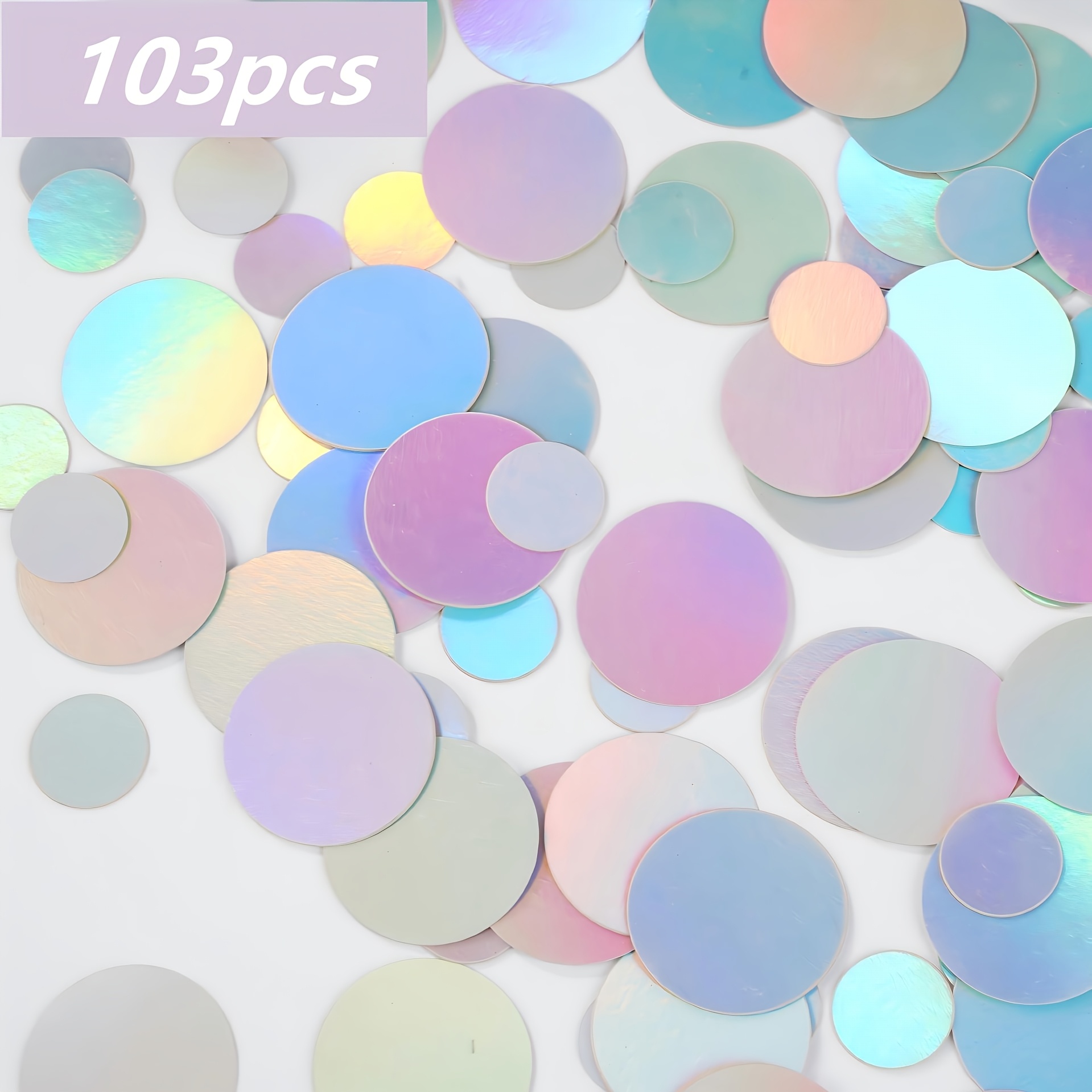 Image of 103pcs Double-sided Laser Iridescent Round Confetti, Assorted Sizes Laser Iridescent Table Decoration Confetti, Birthday Wedding Holiday Party Decor Confetti Props, Confetti
