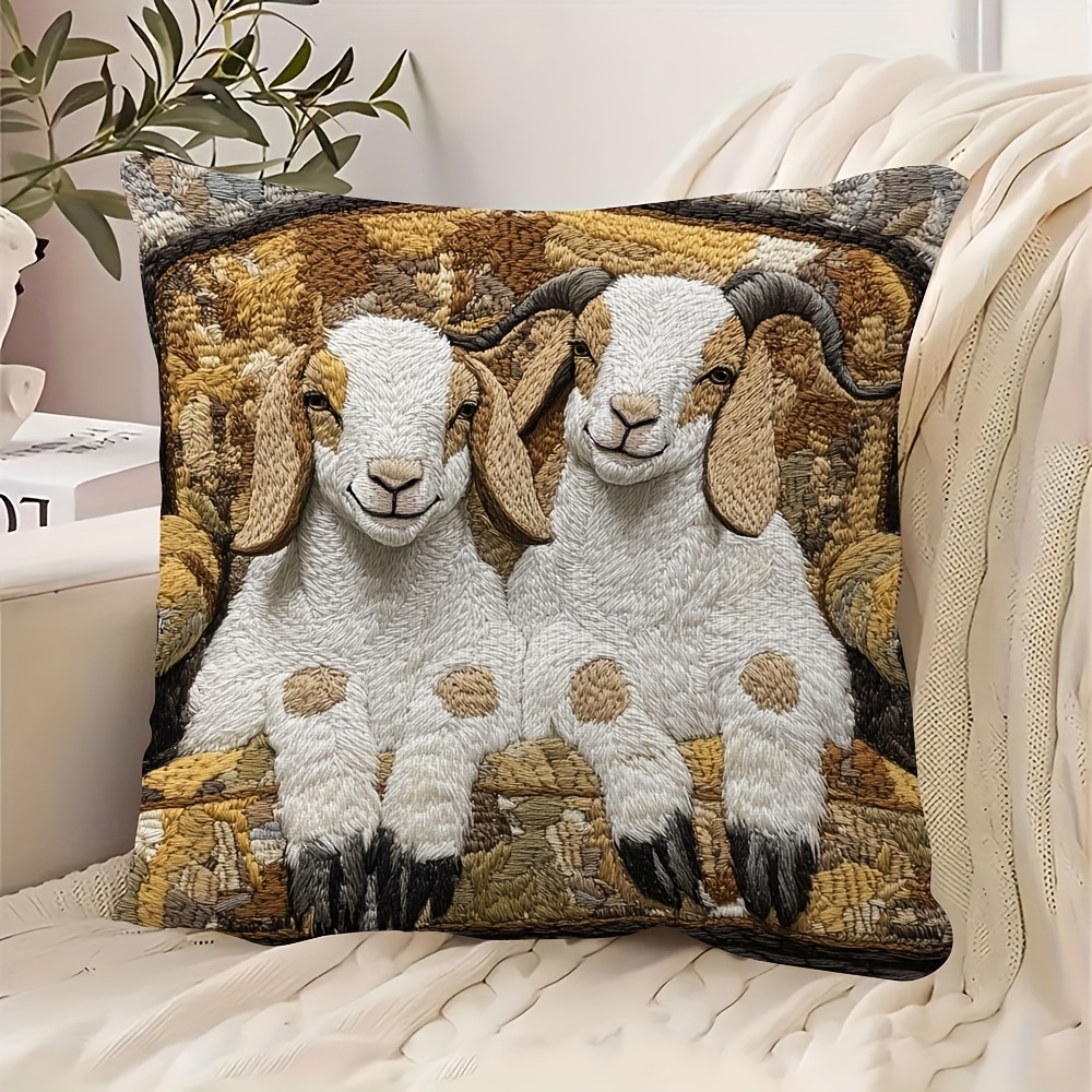 

1pc Cozy 18x18" Super Soft Short Plush Throw Pillow Cover With Goat Embroidery - Double-sided, Zip Closure, Hand Washable - Decor (pillow Insert Not Included)