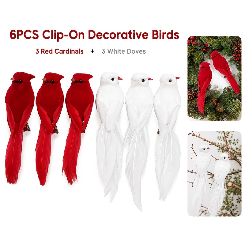 TEMU 6-pack Christmas Faux Birds Decorations 3pcs Red And 3pcs White Doves With Clips Feathers Birds Christmas Tree Wreath Pine Branches Fireplace