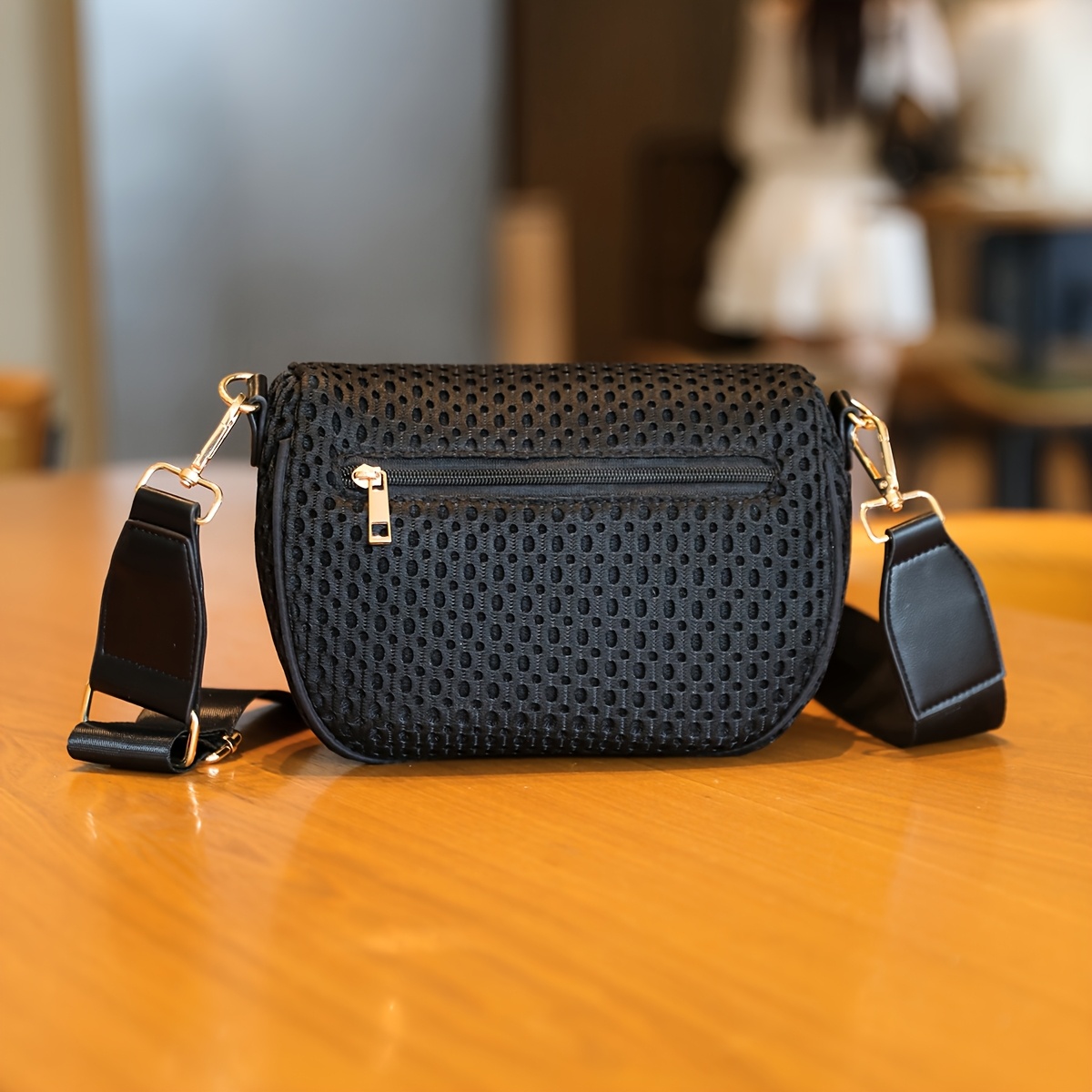 Black Mesh Crossbody Bag Compartments