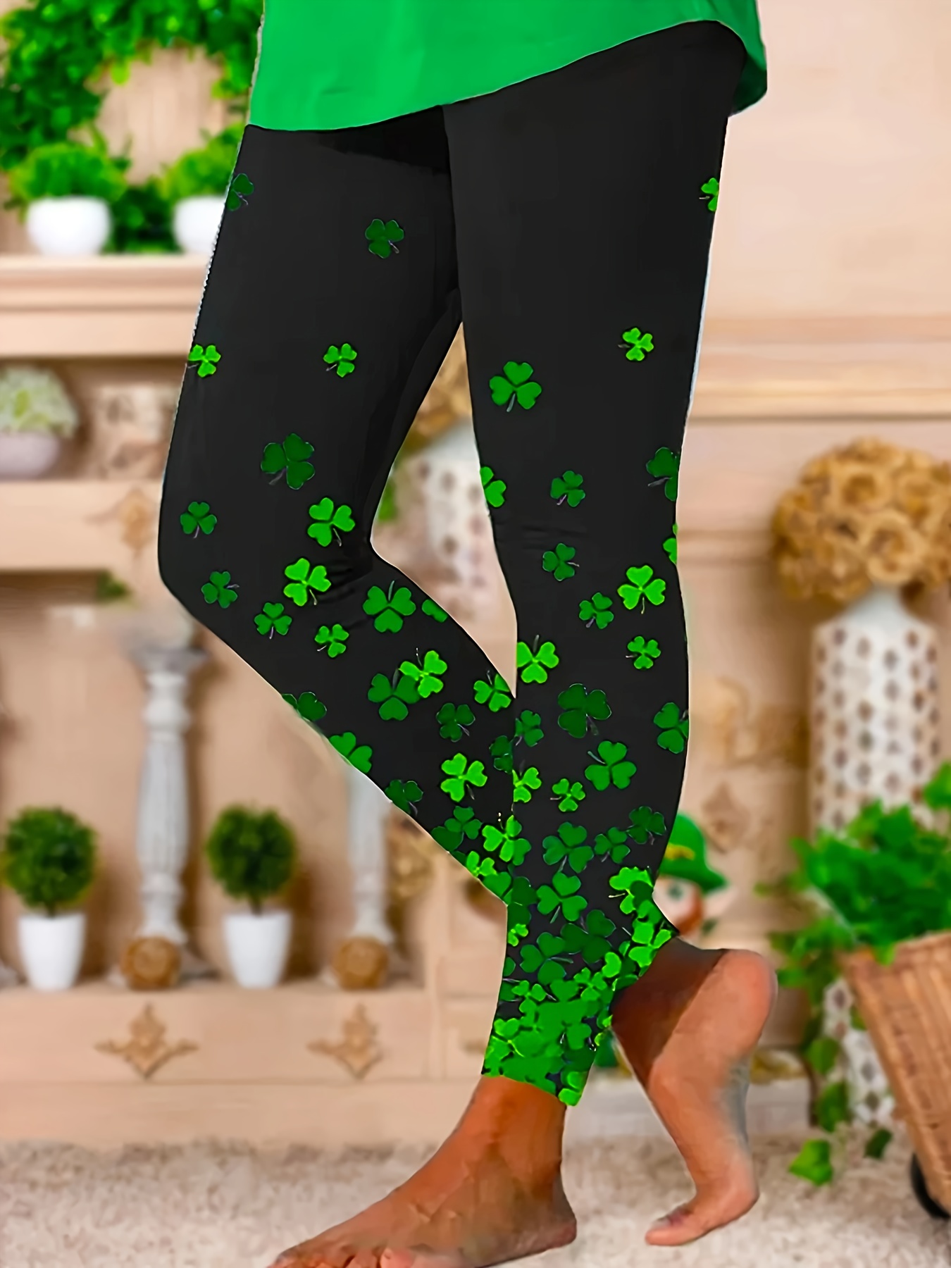 Checkered Shamrock Yoga Leggings St Patrick's Day Four Leaf Clover
