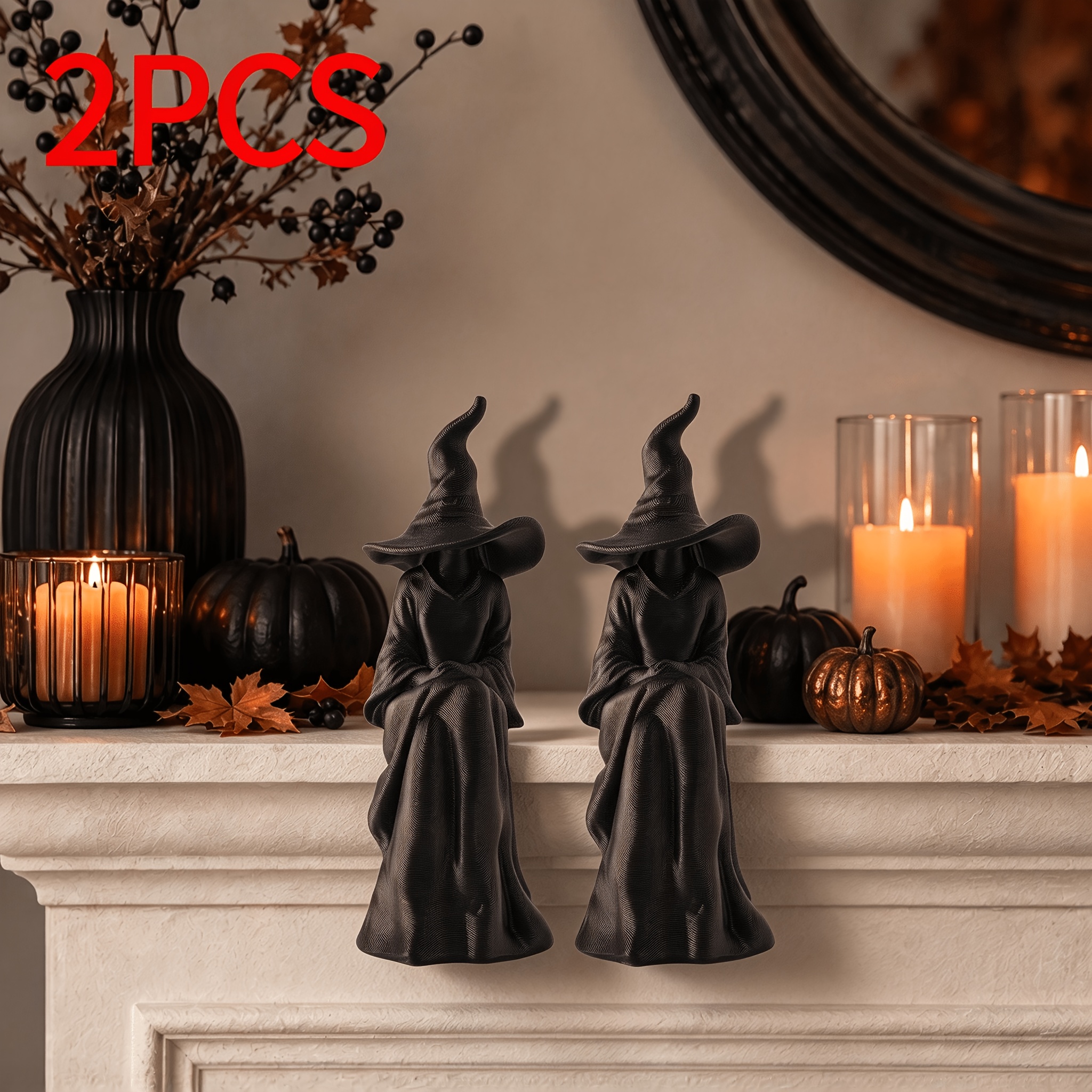 TEMU 2pcs Set Of Faceless Witch Ornaments, Black Sitting Witch Wall Decor, Gothic Style Halloween Living Room, Bookshelf, Entrance, And Porch