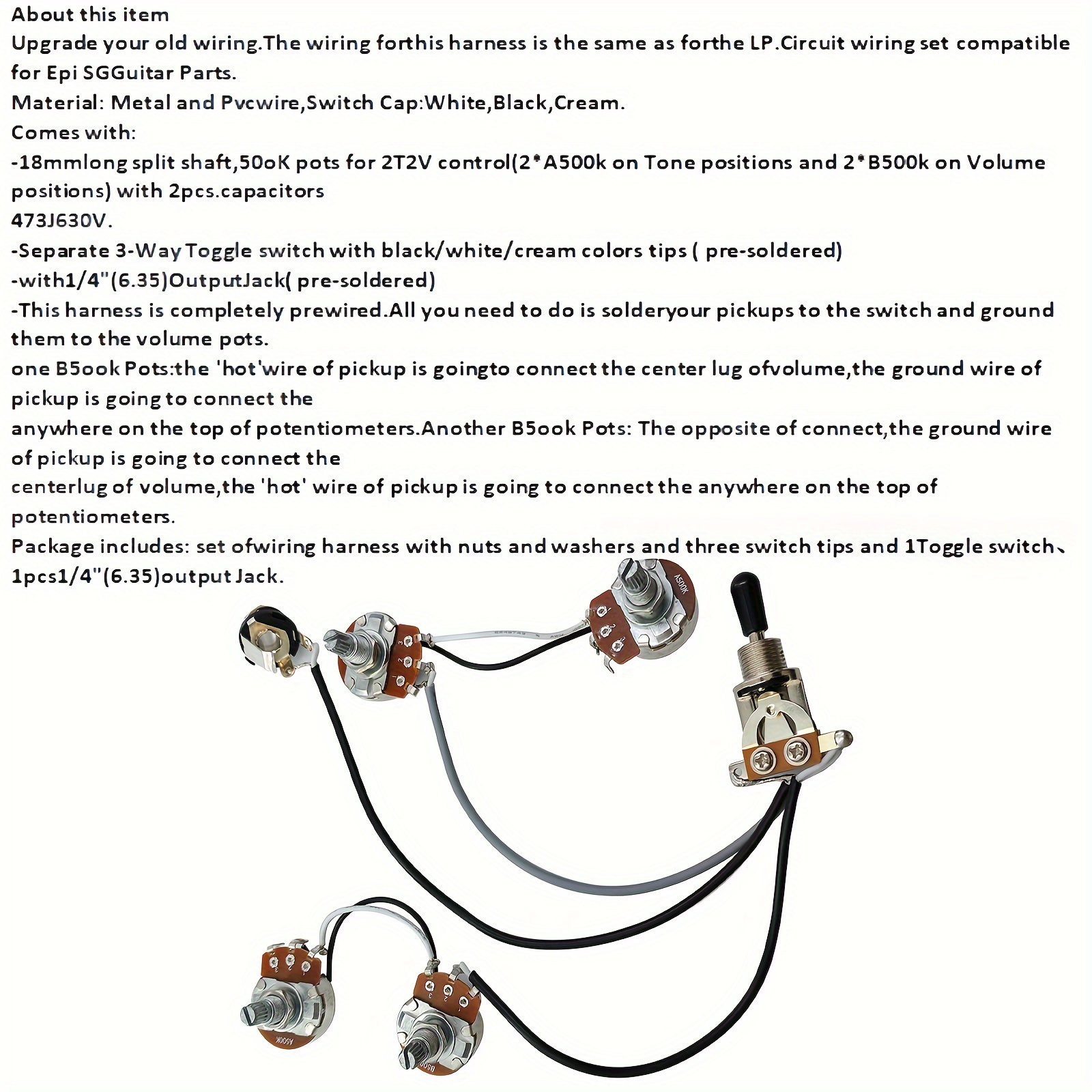 Guitar Wiring Harness Kit for Dual Coil Pickups 2V2T with 500K Potentiometers, 3-Way Toggle Switch, Pre-wired for SG Electric Guitars - Metal Grey Uncharged