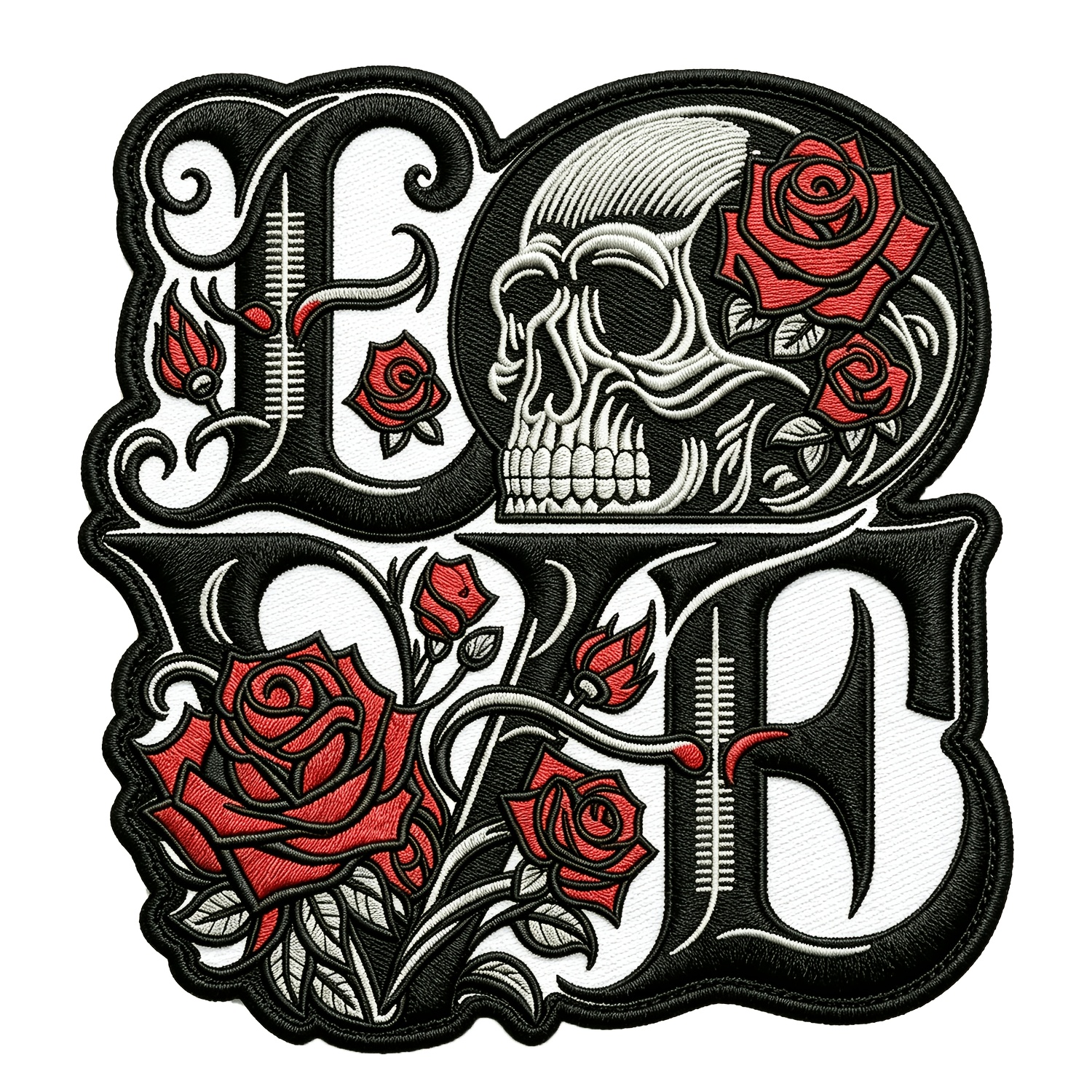 TEMU Gothic Love Letter Skull Red Rose Embroidered Iron-on Patch, Irregular Old School Tattoo Skeleton Floral Sew-on Applique Badge For Jackets Biker